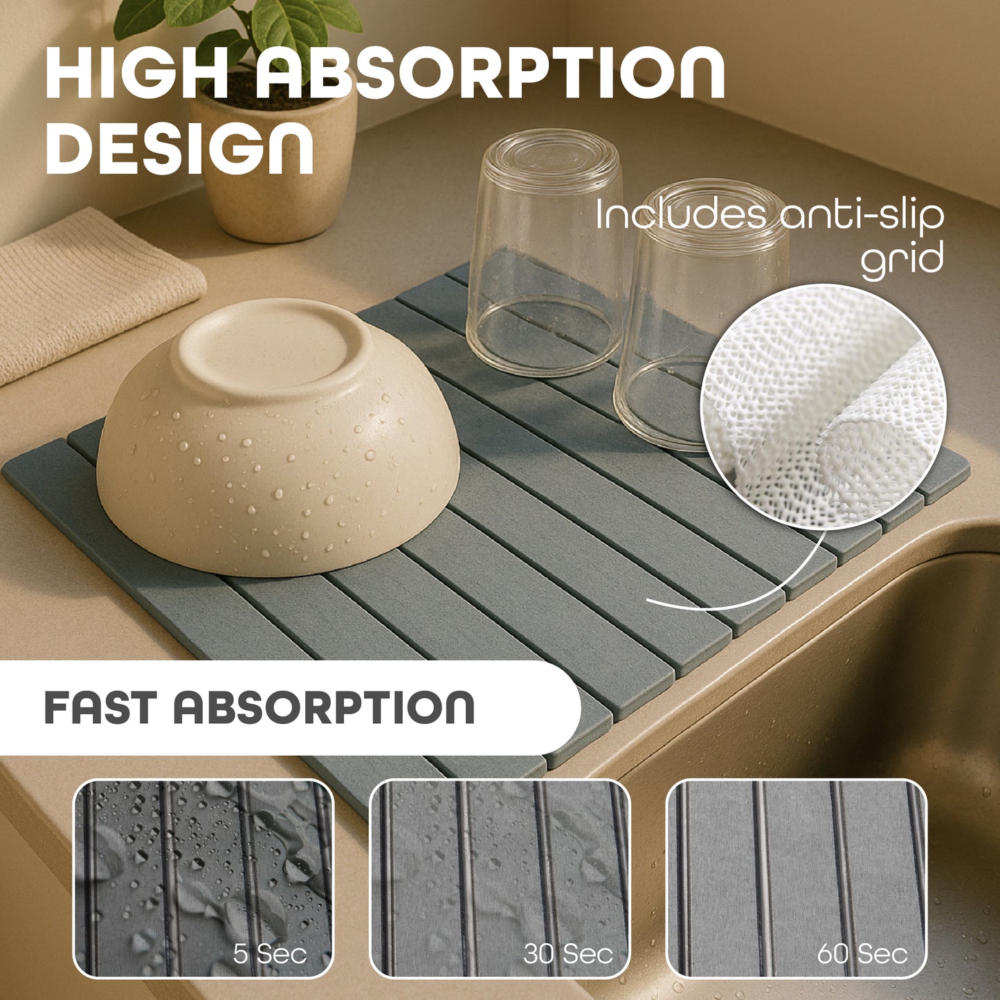 Large Stone Dish Drying Mat – Foldable, Quick Dry & Eco-Friendly (24" x 16", White - Dark Gray)