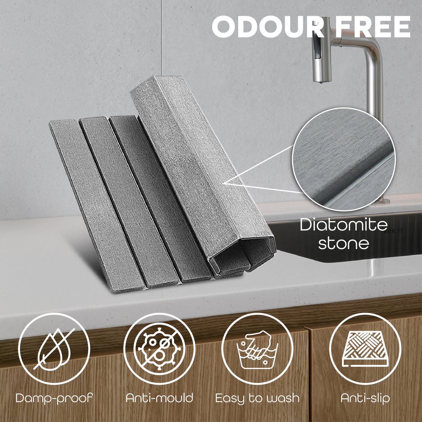 Large Stone Dish Drying Mat – Foldable, Quick Dry & Eco-Friendly (24" x 16", White - Dark Gray)