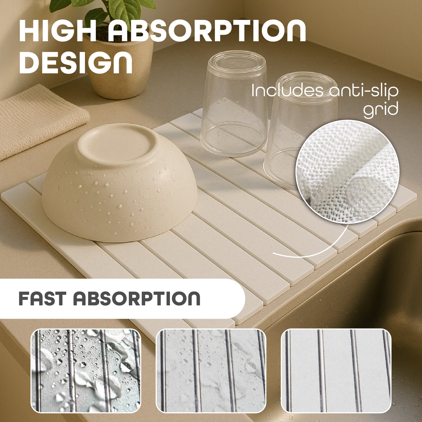 Large Stone Dish Drying Mat – Foldable, Quick Dry & Eco-Friendly (24" x 16", White - Dark Gray)