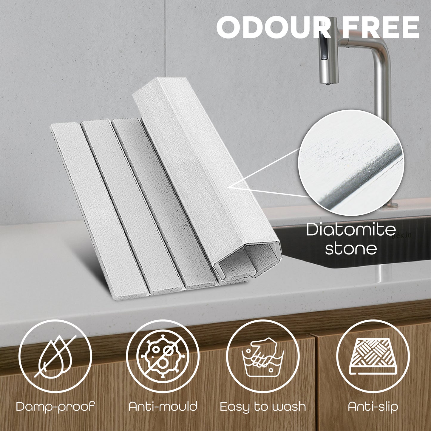 Large Stone Dish Drying Mat – Foldable, Quick Dry & Eco-Friendly (24" x 16", White - Dark Gray)