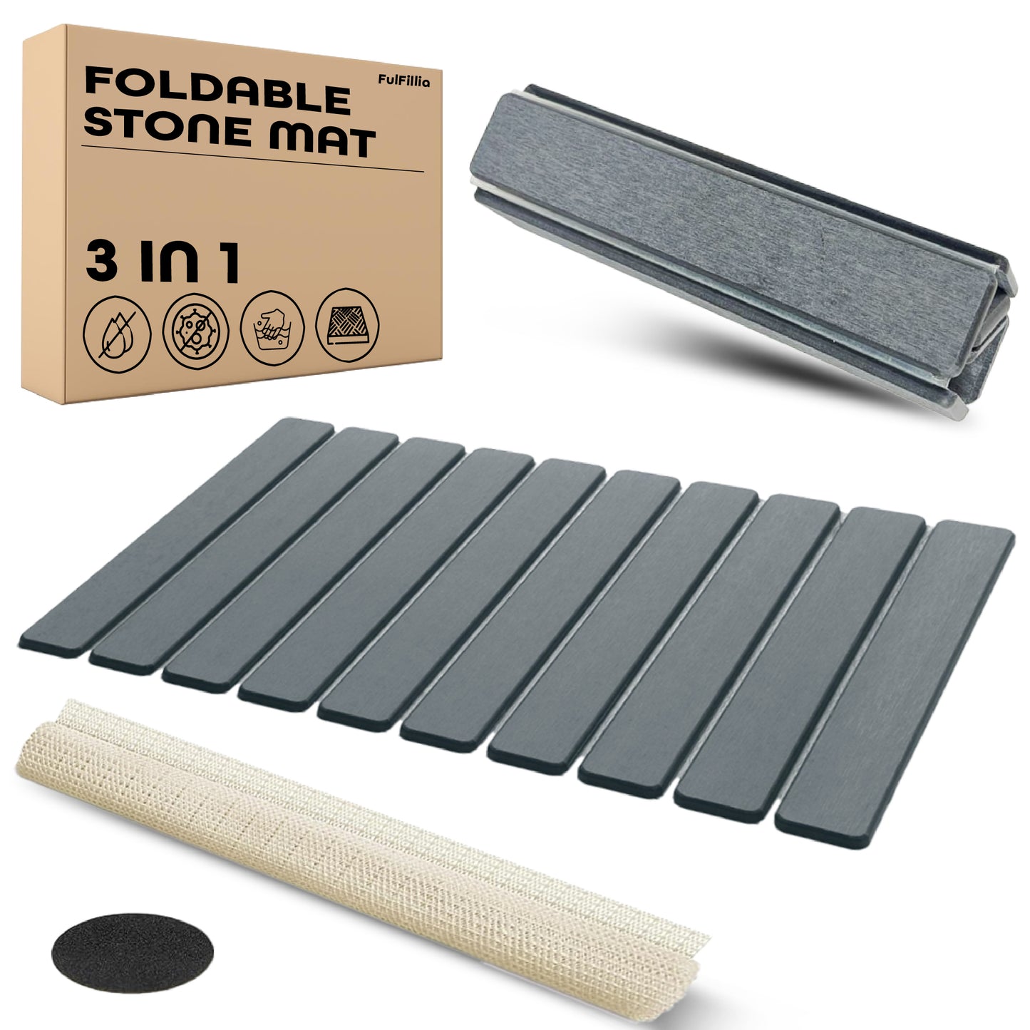 Large Stone Dish Drying Mat – Foldable, Quick Dry & Eco-Friendly (24" x 16", White - Dark Gray)